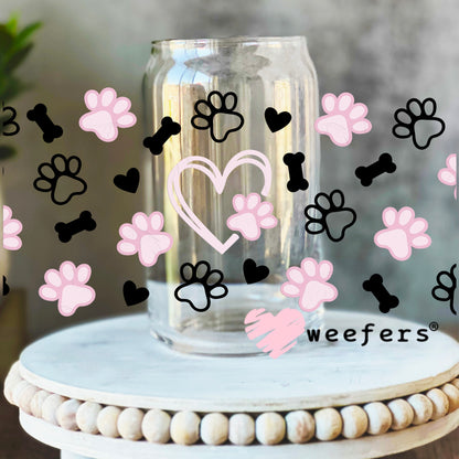 Dog Paws and Bones Pink and Black UV DTF Cup Wrap 16oz Libbey Glass Original Size Weefers