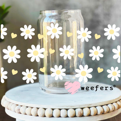 White Daisies Yellow Hearts UV DTF Cup Wrap 16oz Libbey Glass Original Size Weefers