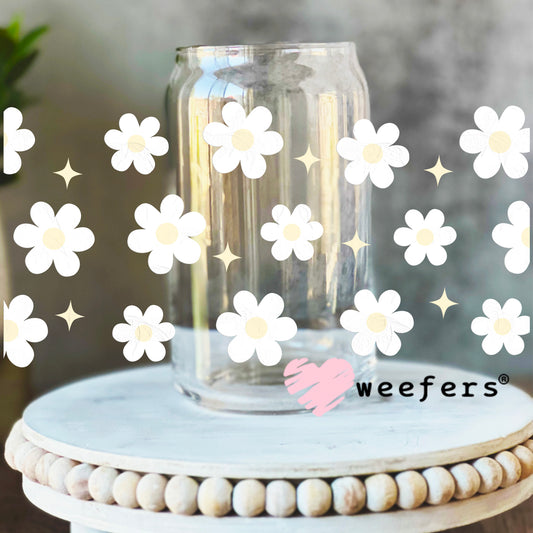 White Daisies Yellow Diamonds UV DTF Cup Wrap 16oz Libbey Glass Original Size Weefers