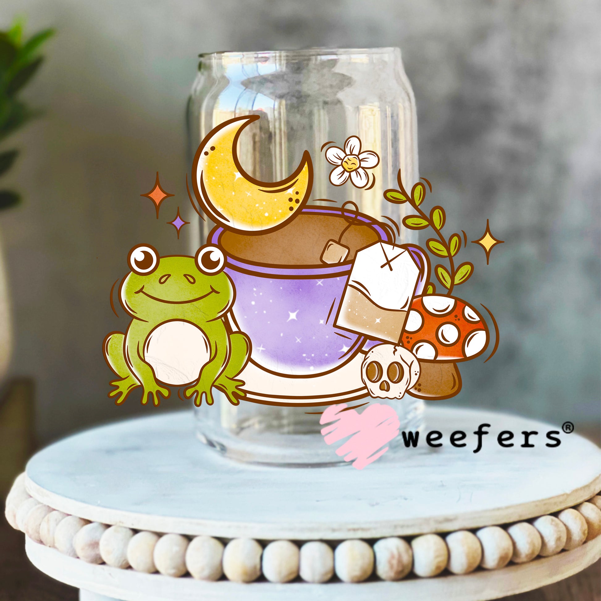 Tea Time Froggy Vibes UV DTF Decal 16oz Libbey Glass Original Size Weefers