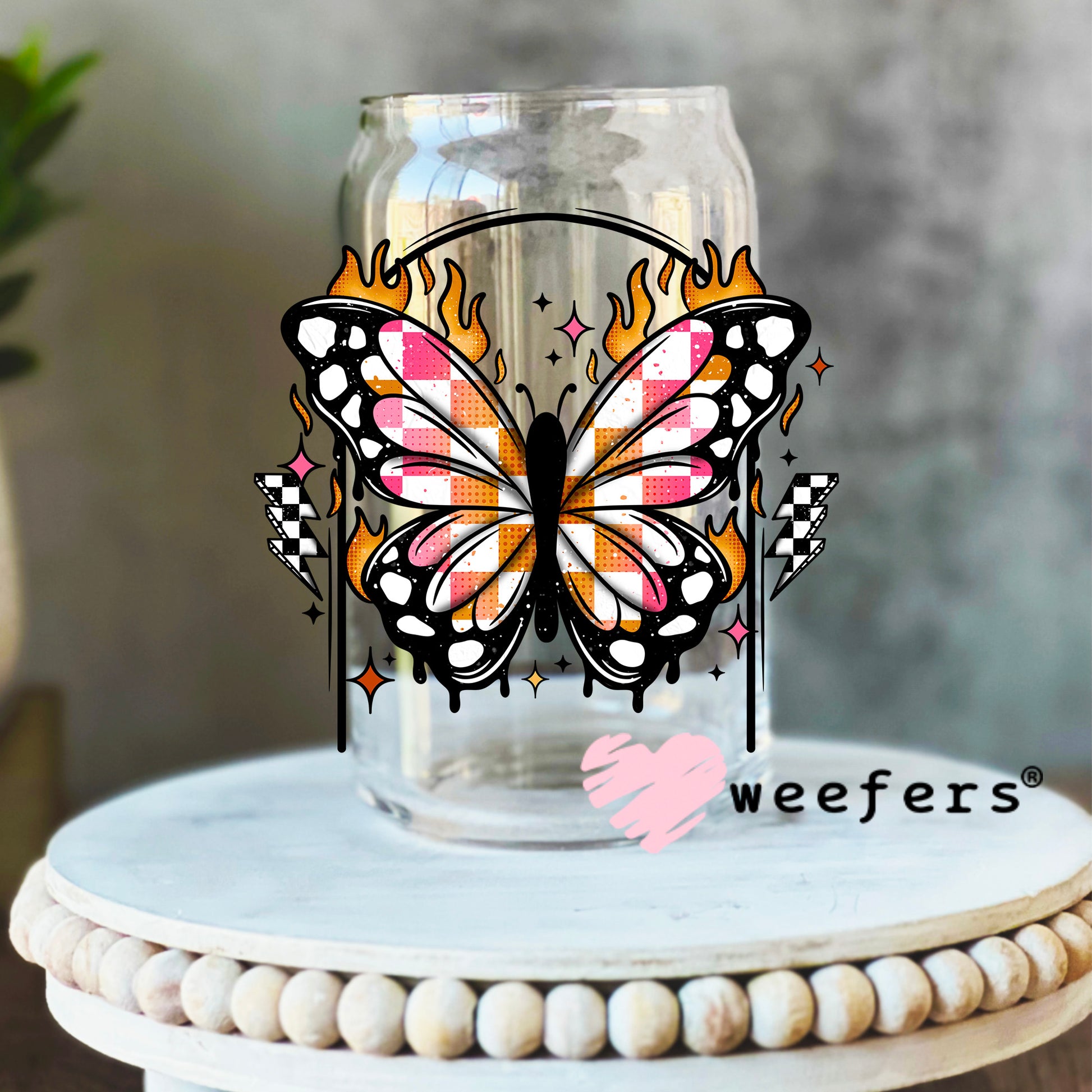 Butterfly Flames UV DTF Decal 16oz Libbey Glass Original Size Weefers