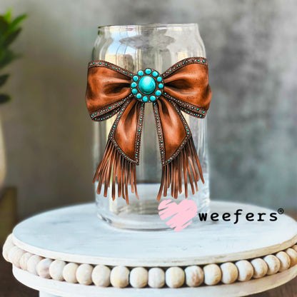 Western Brown Fringe Bow Turquoise Circle UV DTF Decal 16oz Libbey Glass Original Size Weefers