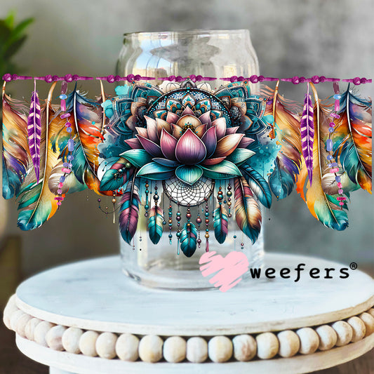 Teal Lotus Flower Feathers UV DTF Cup Wrap 16oz Libbey Glass Original Size Weefers