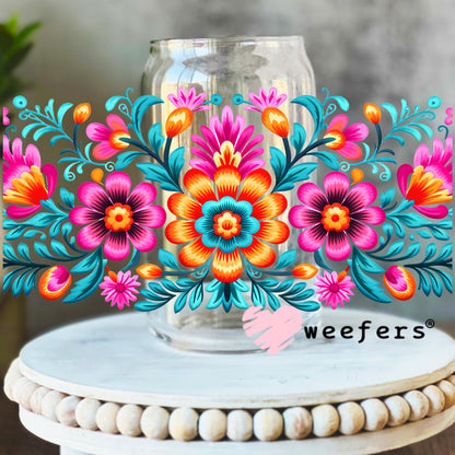 Colorful Mexican Flowers UV DTF Cup Wrap 16oz Libbey Glass Original Size Weefers