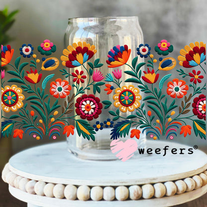 Colorful Faux Embroidered Mexican Flowers UV DTF Cup Wrap 16oz Libbey Glass Original Size Weefers