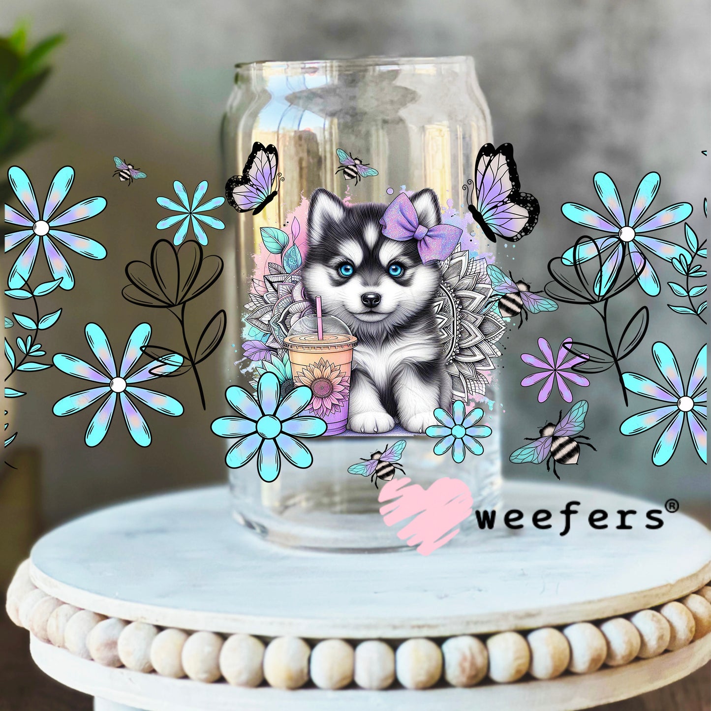 Husky Flowers UV DTF Cup Wrap 16oz Libbey Glass Original Size Weefers