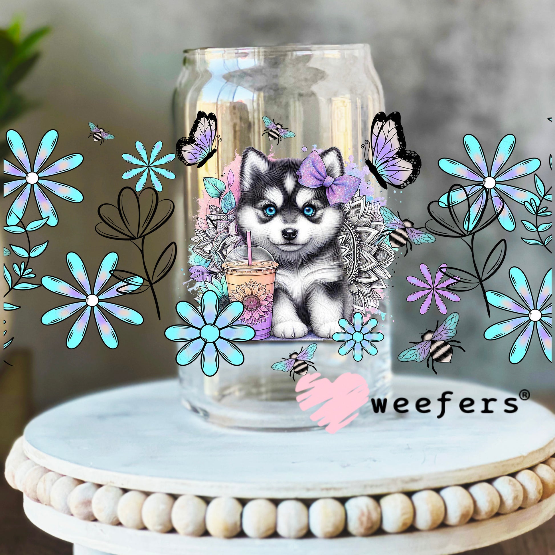 Husky Flowers UV DTF Cup Wrap 16oz Libbey Glass Original Size Weefers