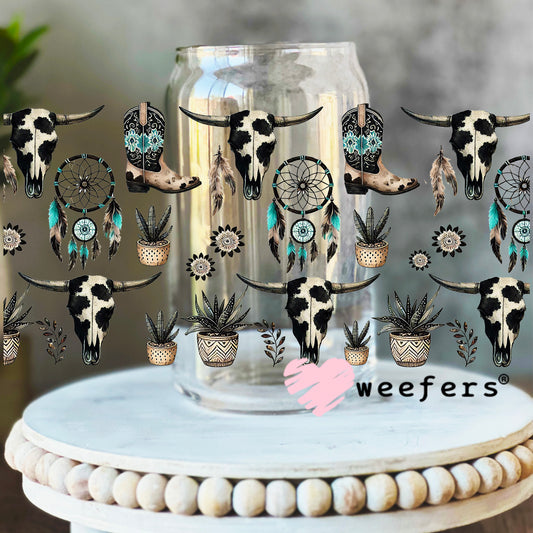 Western Cow Skulls and Dreamcatcher UV DTF Cup Wrap 16oz Libbey Glass Original Size Weefers