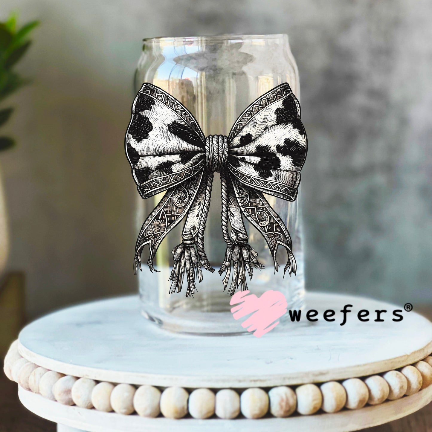 Western Silver and Black Cow Print Bow UV DTF Decal 16oz Libbey Glass Original Size Weefers