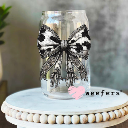 Western Silver and Black Cow Print Bow UV DTF Decal 16oz Libbey Glass Original Size Weefers