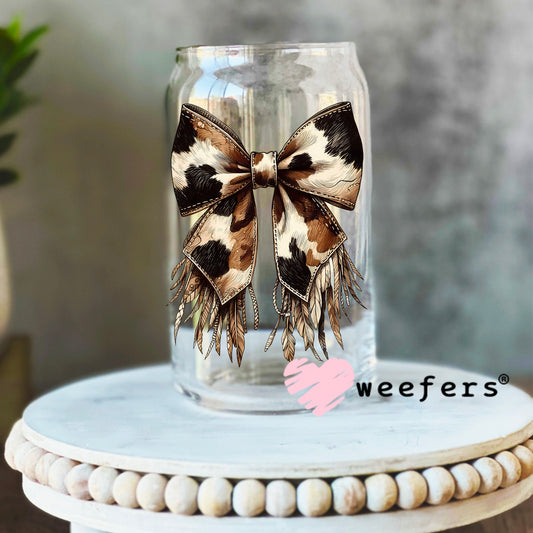 Western Brown Cow Print Bow UV DTF Decal 16oz Libbey Glass Original Size Weefers