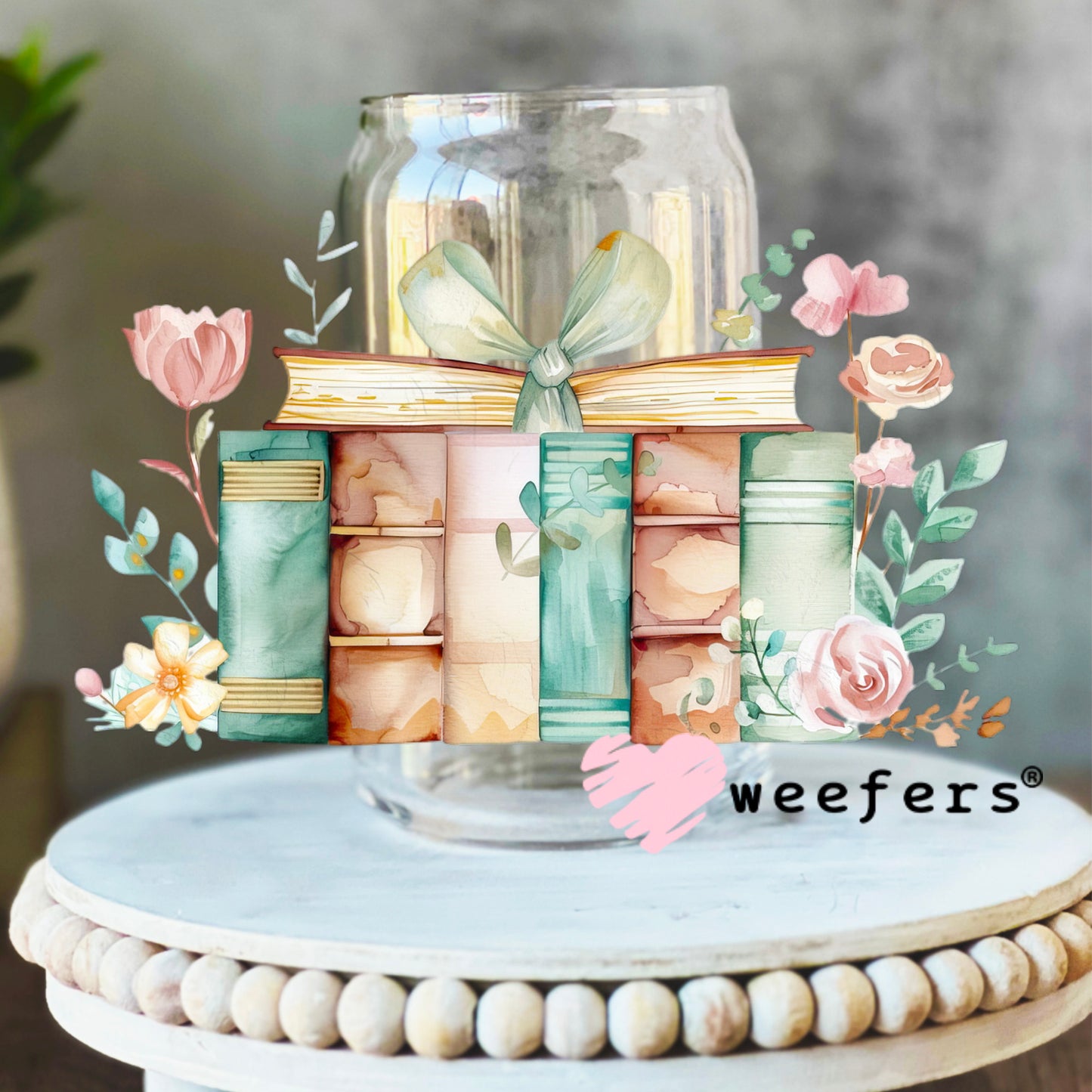 Pastel Floral Books UV DTF Cup Wrap 16oz Libbey Glass Original Size Weefers