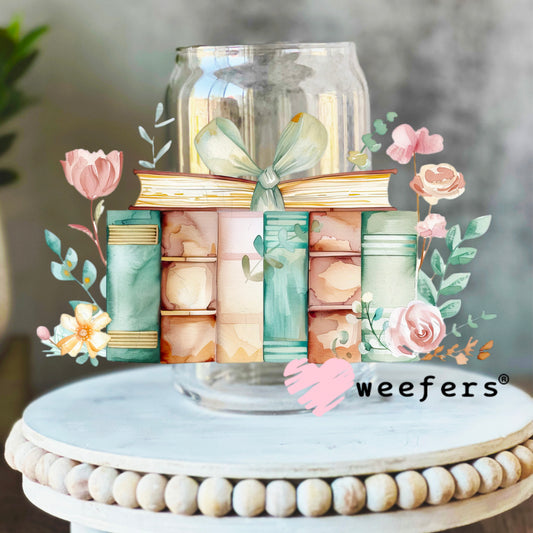 Pastel Floral Books UV DTF Cup Wrap 16oz Libbey Glass Original Size Weefers