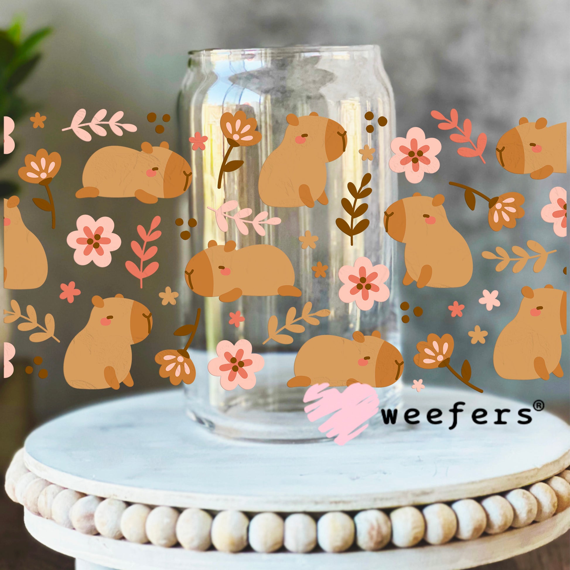 Capybara and Flowers UV DTF Cup Wrap 16oz Libbey Glass Original Size Weefers