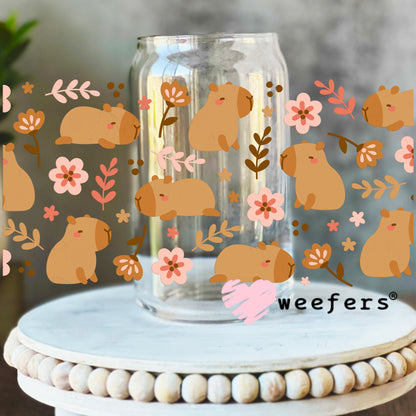 Capybara and Flowers UV DTF Cup Wrap 16oz Libbey Glass Original Size Weefers