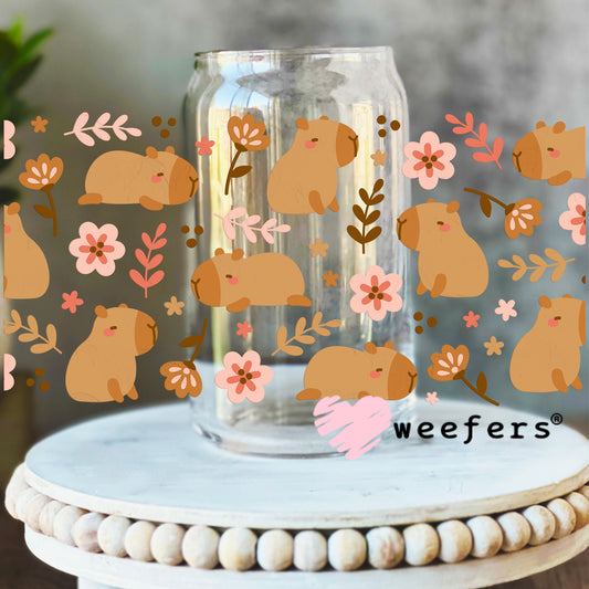 Capybara and Flowers UV DTF Cup Wrap 16oz Libbey Glass Original Size Weefers