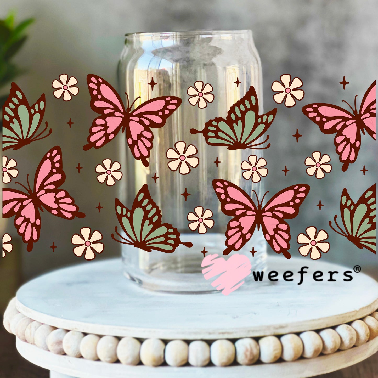 Mauve and Green Butterflies UV DTF Cup Wrap 16oz Libbey Glass Original Size Weefers