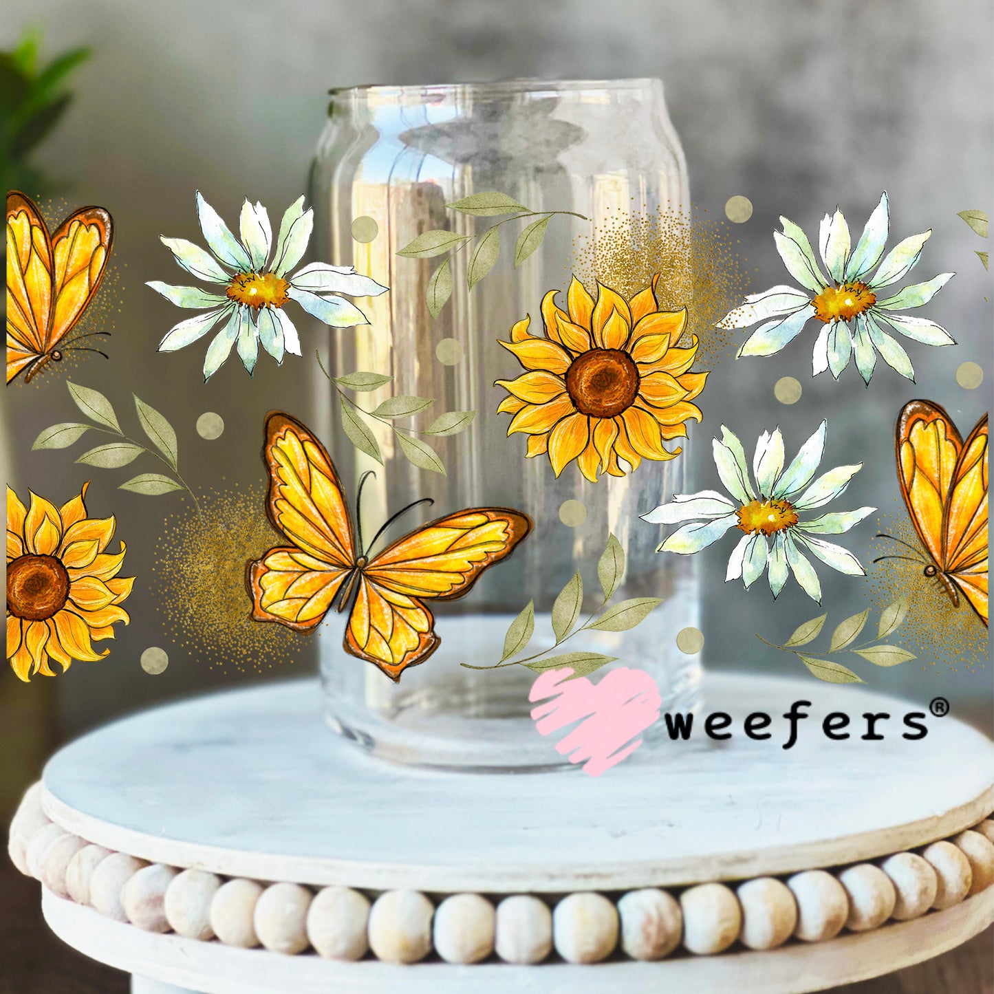Yellow Butterflies and White Flowers UV DTF Cup Wrap 16oz Libbey Glass Original Size Weefers