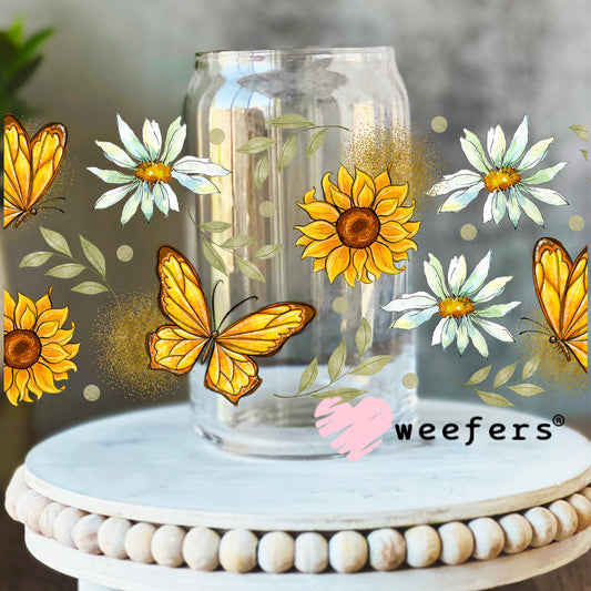 Yellow Butterflies and White Flowers UV DTF Cup Wrap 16oz Libbey Glass Original Size Weefers