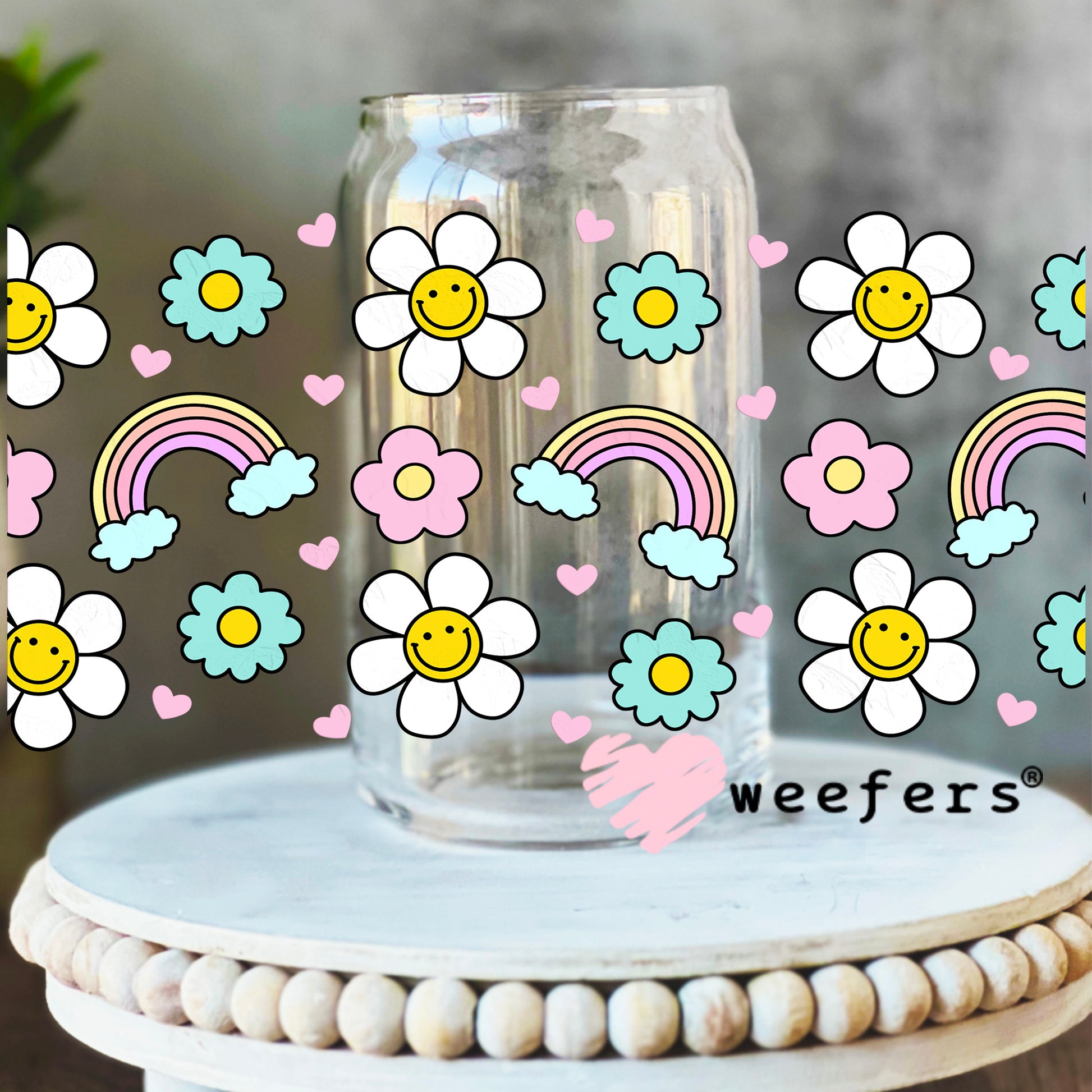 Smile Face Flowers and Rainbows UV DTF Cup Wrap 16oz Libbey Glass Original Size Weefers
