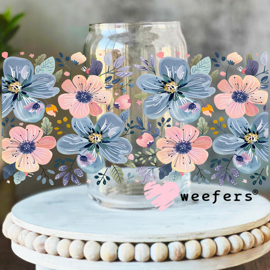 Blue and Blush Pink Flowers UV DTF Cup Wrap 16oz Libbey Glass Original Size Weefers
