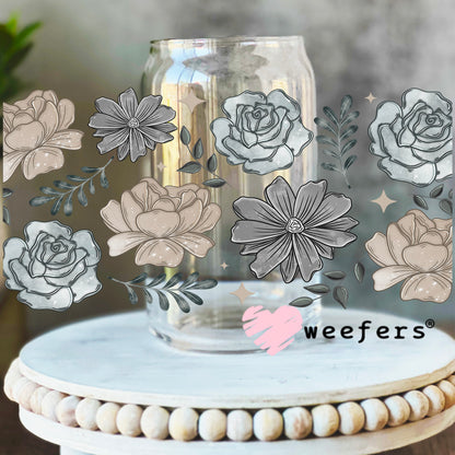Grey and Light Brown Flowers UV DTF Cup Wrap 16oz Libbey Glass Original Size Weefers