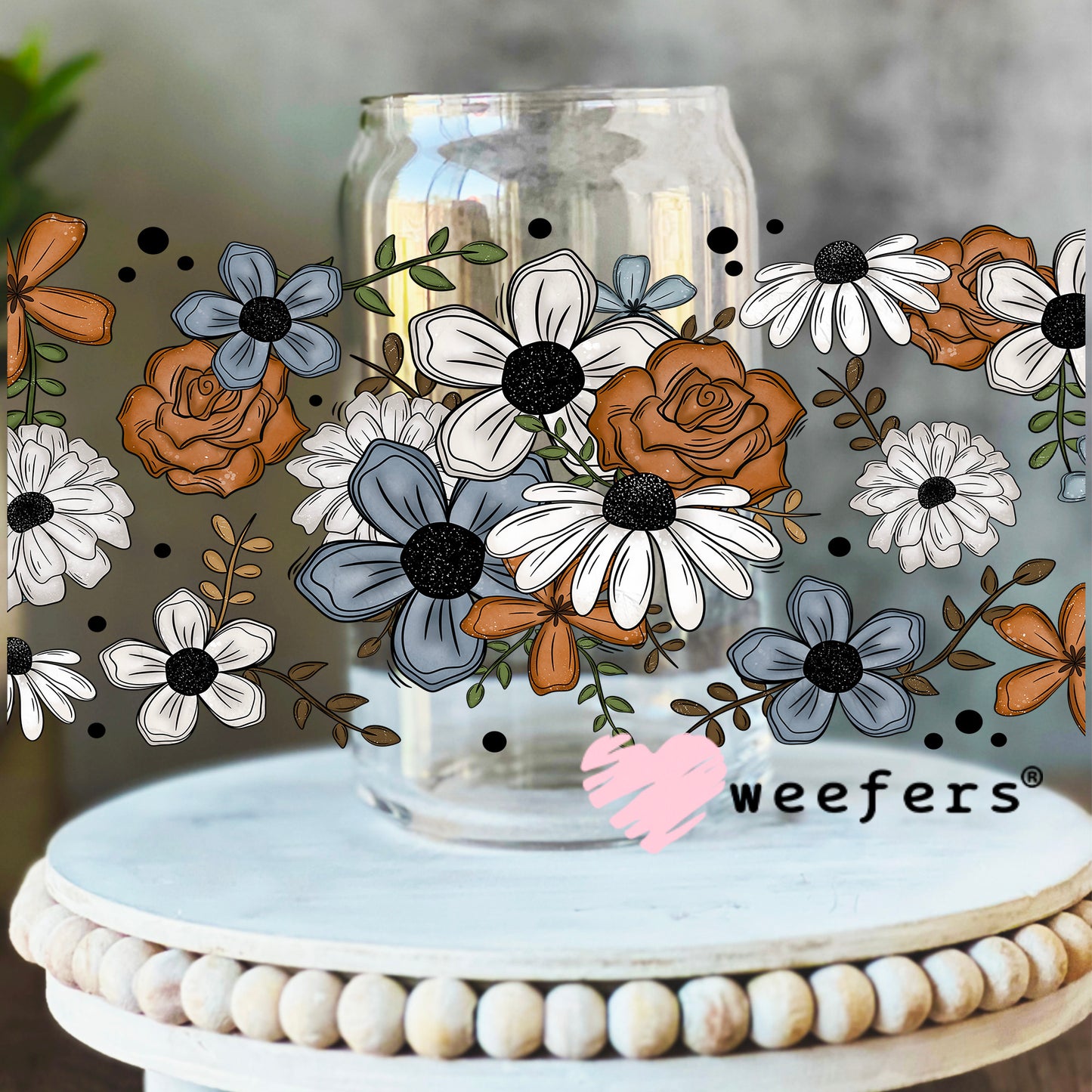 Rust White and Blue Flowers UV DTF Cup Wrap 16oz Libbey Glass Original Size Weefers