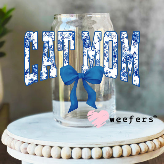 Cat Mom Blue Toile Bow UV DTF Decal 16oz Libbey Glass Original Size Weefers