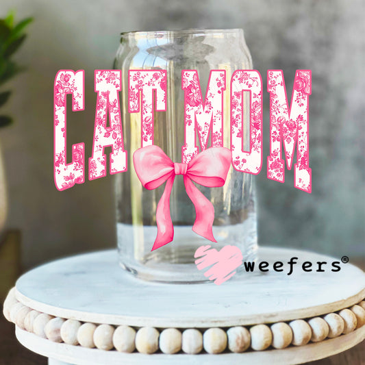 Cat Mom Pink Toile Bow UV DTF Decal 16oz Libbey Glass Original Size Weefers