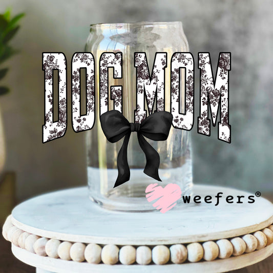 Dog Mom Black Toile Bow UV DTF Decal 16oz Libbey Glass Original Size Weefers