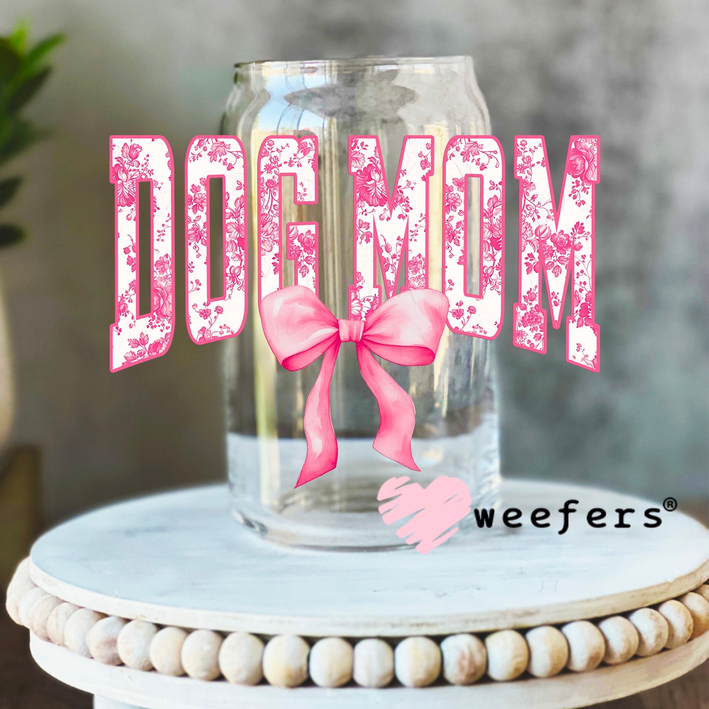 Dog Mom Pink Toile Bow UV DTF Decal 16oz Libbey Glass Original Size Weefers