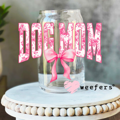 Dog Mom Pink Toile Bow UV DTF Decal 16oz Libbey Glass Original Size Weefers