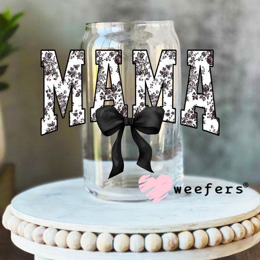 Mama Black Toile Bow UV DTF Decal 16oz Libbey Glass Original Size Weefers