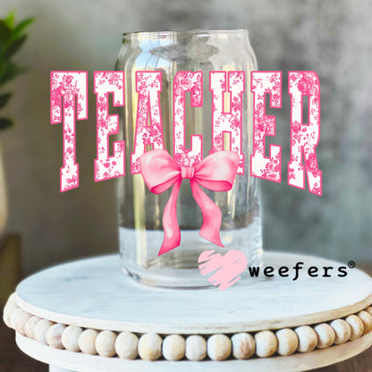 Teacher Pink Toile Bow UV DTF Decal 16oz Libbey Glass Original Size Weefers