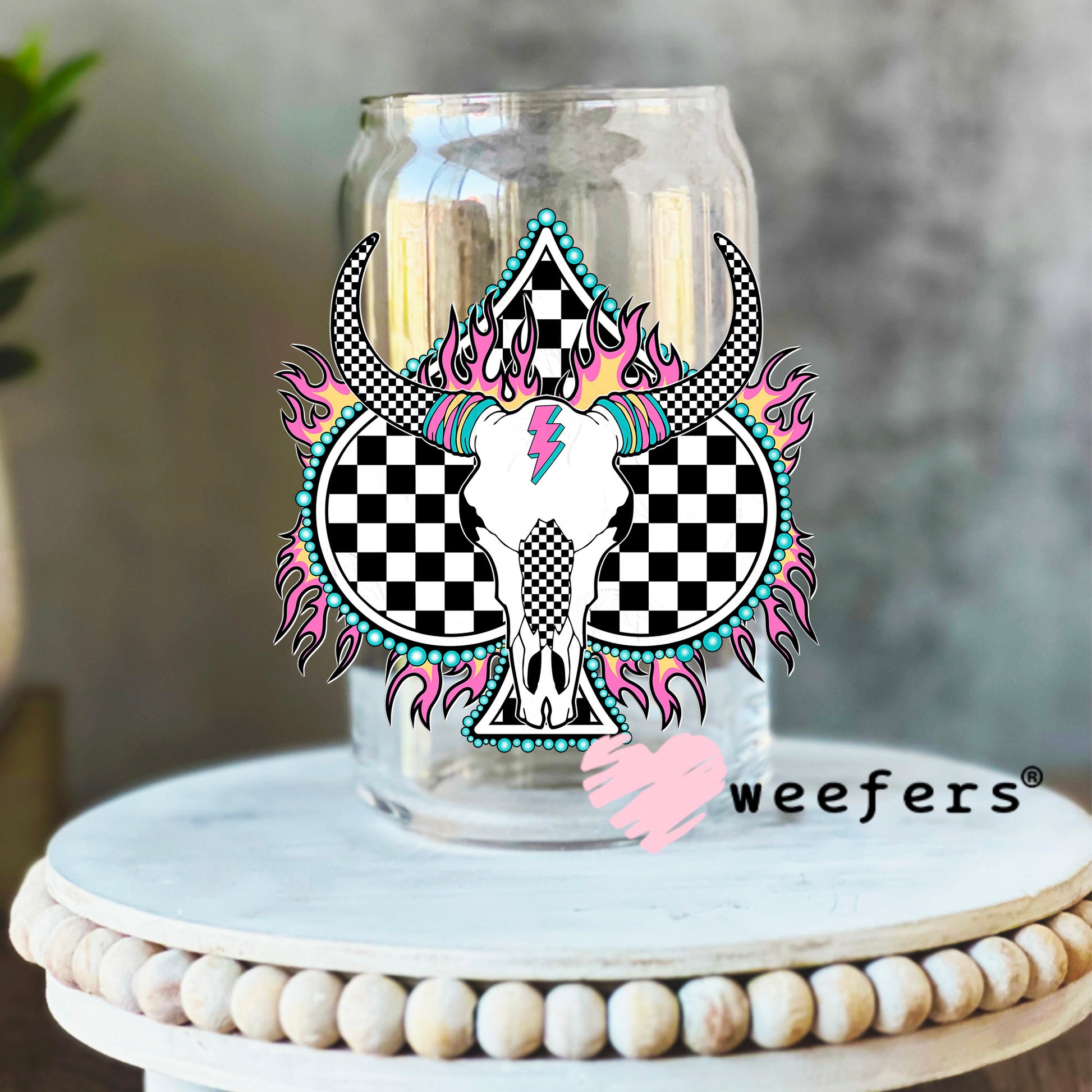 Cow Skull Checkered Heart Pink Flames Western UV DTF Decal 16oz Libbey Glass Original Size Weefers