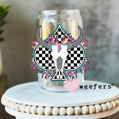 Cow Skull Checkered Heart Pink Flames Western UV DTF Decal 16oz Libbey Glass Original Size Weefers