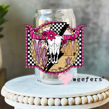 Cow Skull Pink Horns Western UV DTF Decal 16oz Libbey Glass Original Size Weefers