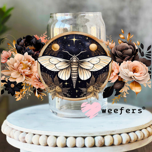 Moth Peach and Black Flowers UV DTF Cup Wrap 16oz Libbey Glass Original Size Weefers