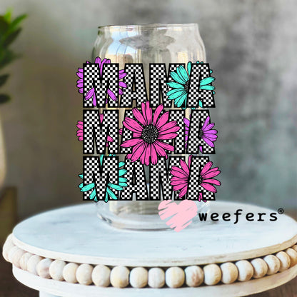 Mama Black Checkered Teal and Pink Flowers UV DTF Decal 16oz Libbey Glass Original Size Weefers