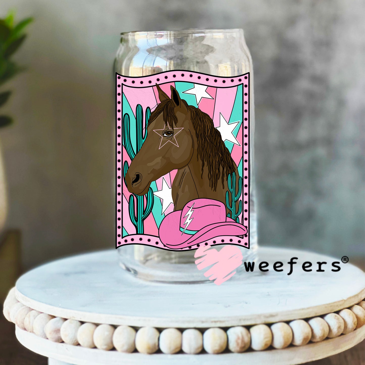 Horse Pink Hat Western UV DTF Decal 16oz Libbey Glass Original Size Weefers