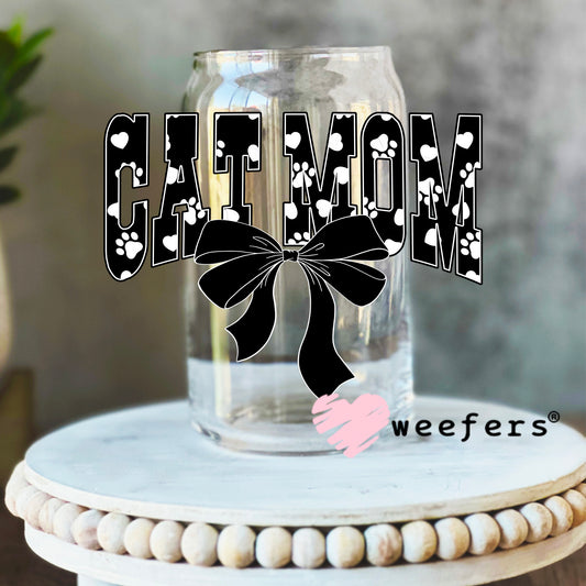 Cat Mom Black White Paws UV DTF Decal 16oz Libbey Glass Original Size Weefers