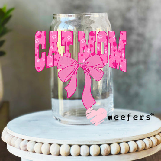 Cat Mom Pink and Pink Paws UV DTF Decal 16oz Libbey Glass Original Size Weefers