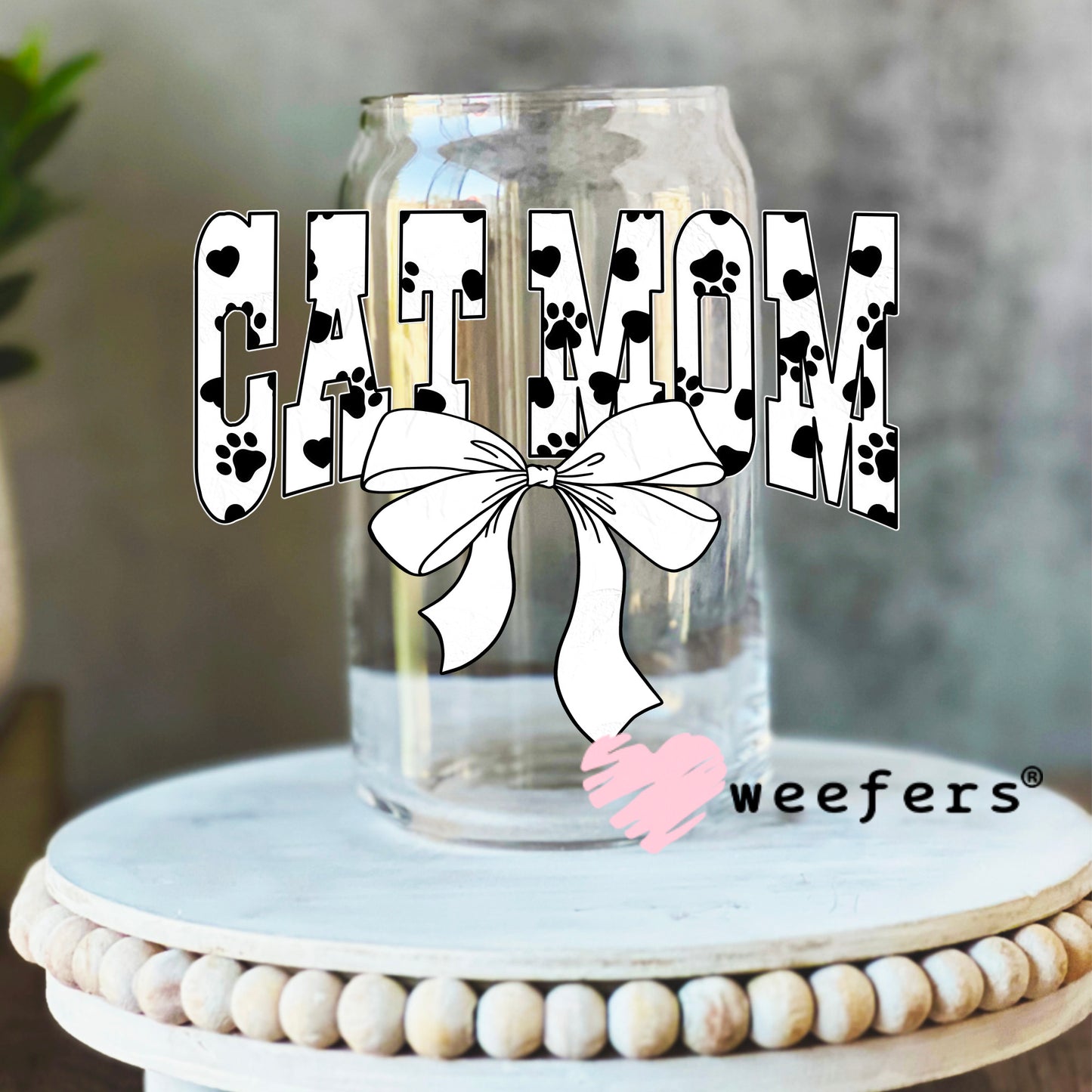 Cat Mom White and Black Paws UV DTF Decal 16oz Libbey Glass Original Size Weefers