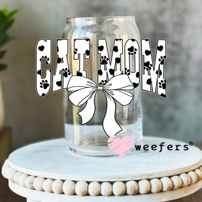 Cat Mom White and Black Paws UV DTF Decal 16oz Libbey Glass Original Size Weefers