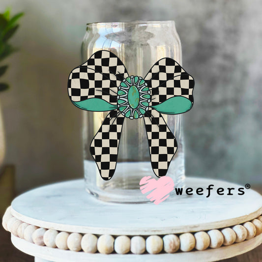 Checkered Black Bow Turquoise UV DTF Decal 16oz Libbey Glass Original Size Weefers