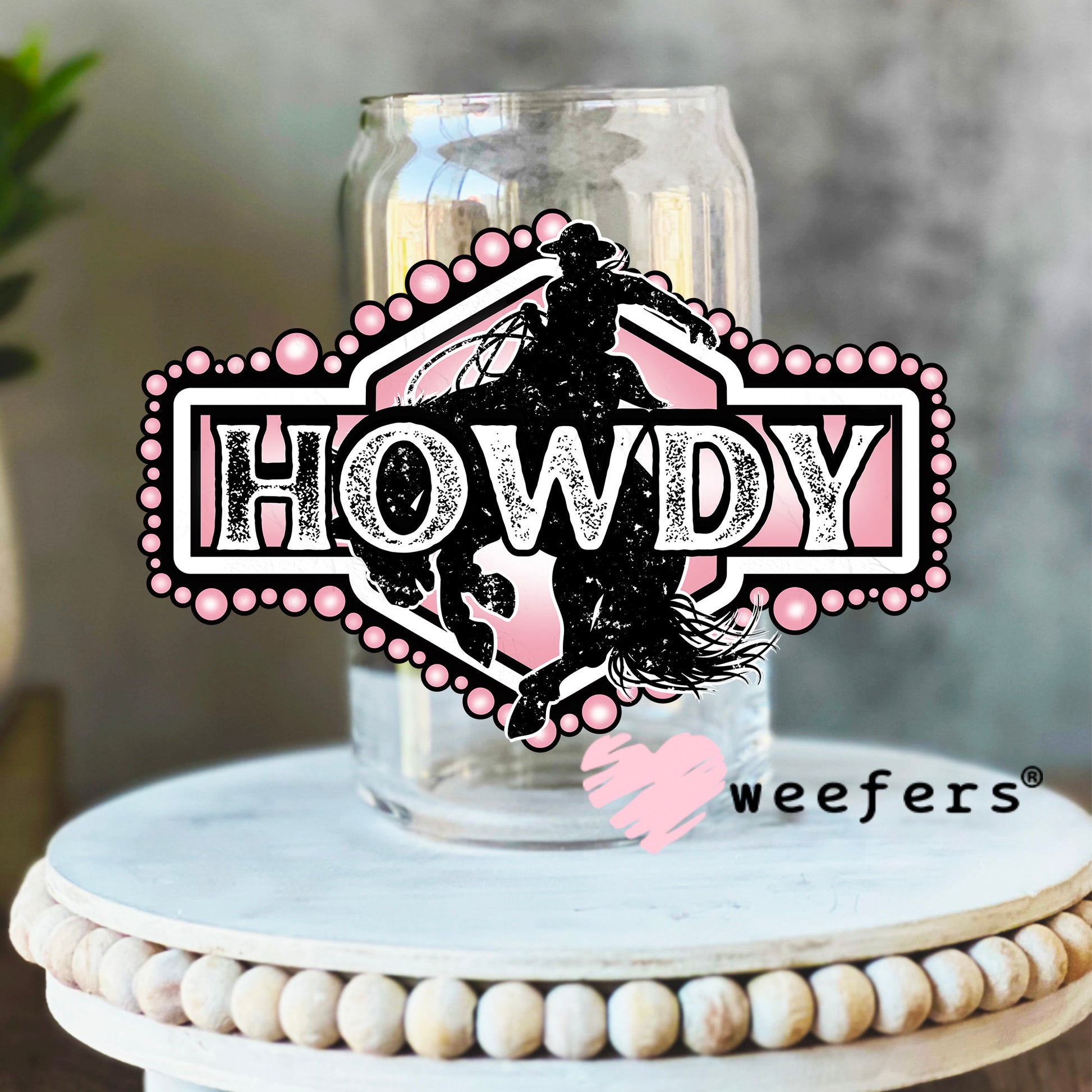 Pink Howdy Rodeo UV DTF Decal 16oz Libbey Glass Original Size Weefers
