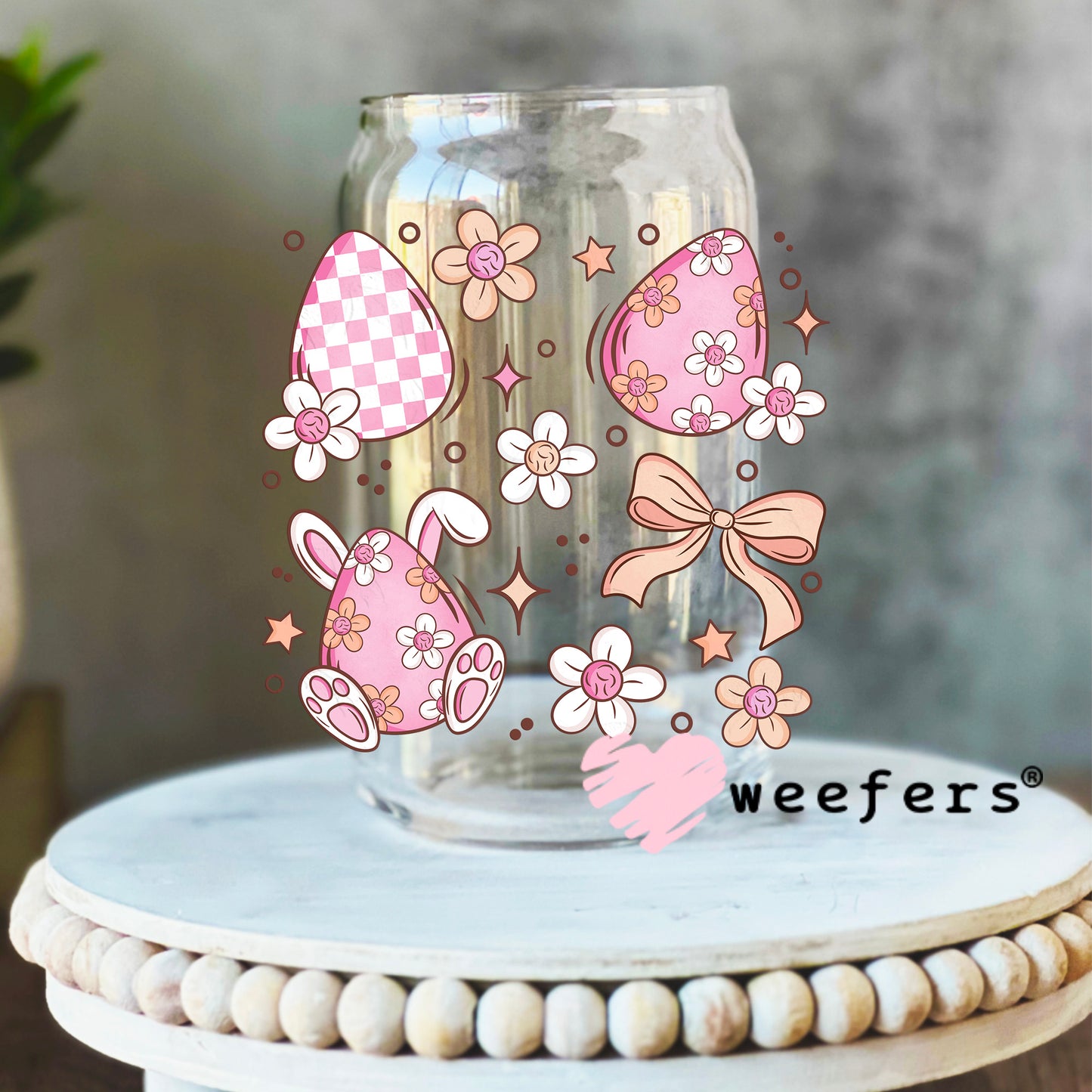 Pink Easter Eggs Peach Ribbon UV DTF Decal 16oz Libbey Glass Original Size Weefers