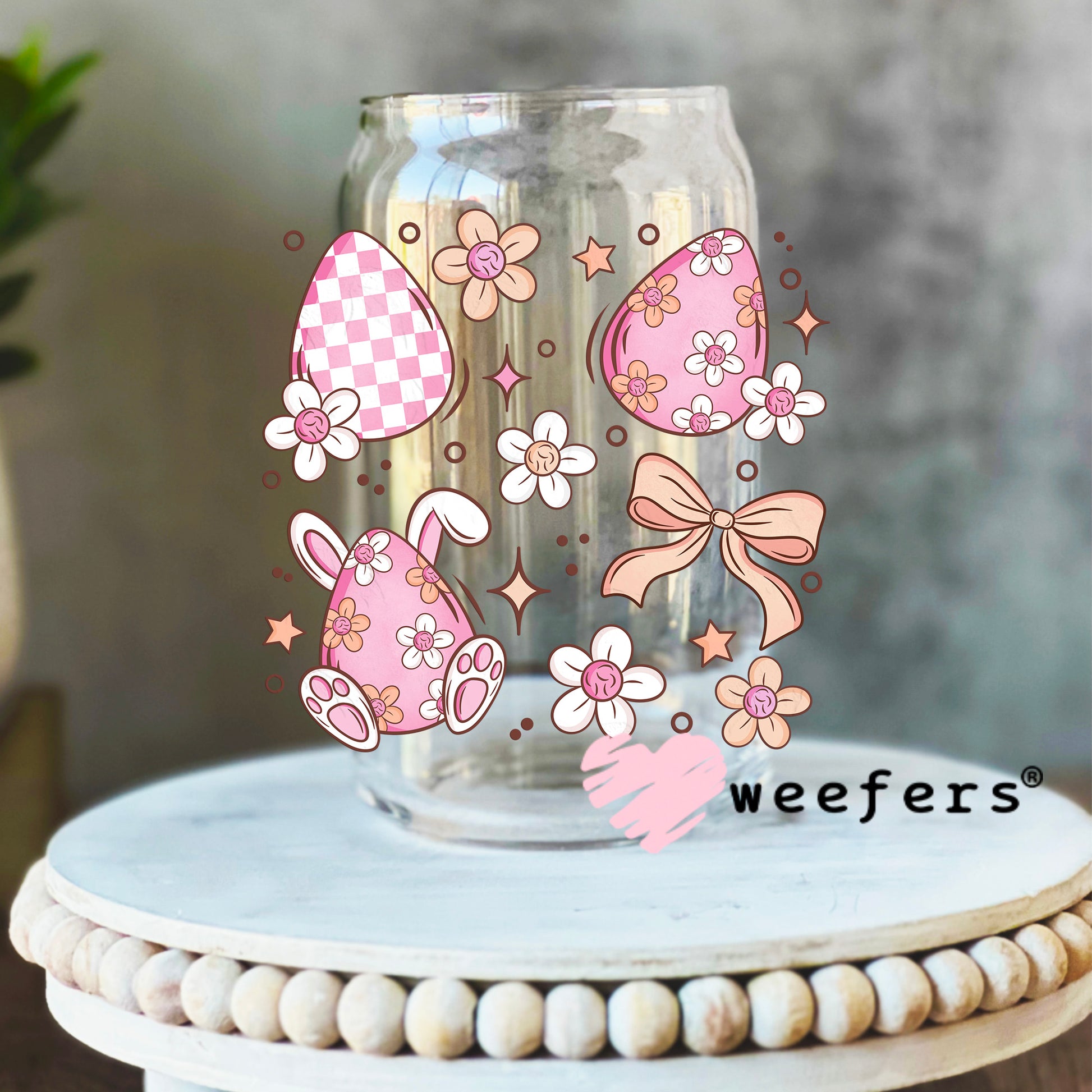 Pink Easter Eggs Peach Ribbon UV DTF Decal 16oz Libbey Glass Original Size Weefers