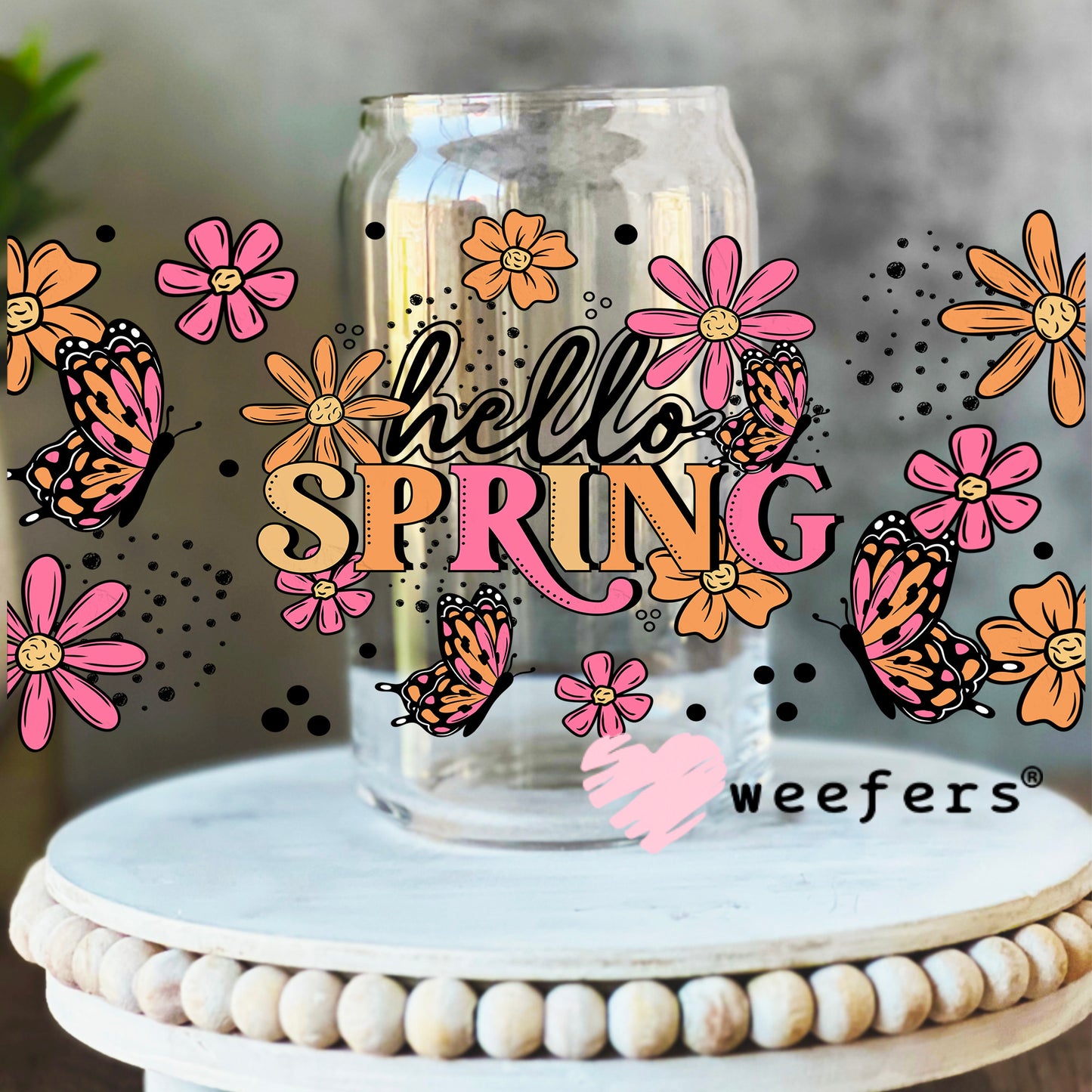 Hello Spring Pink Orange UV DTF Cup Wrap 16oz Libbey Glass Original Size Weefers