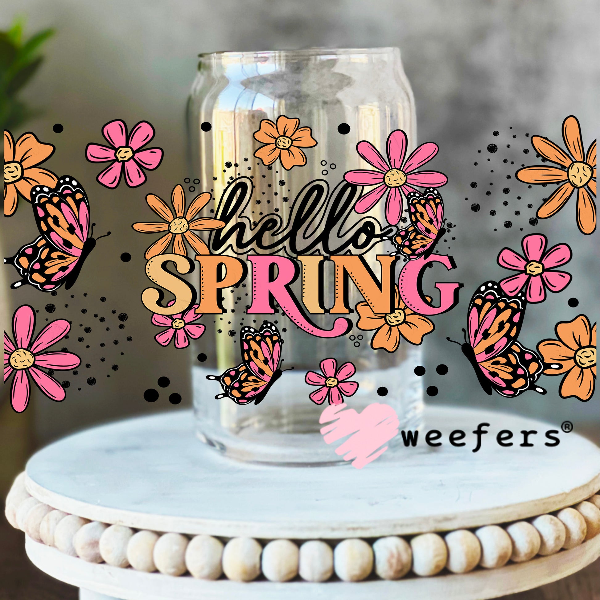 Hello Spring Pink Orange UV DTF Cup Wrap 16oz Libbey Glass Original Size Weefers